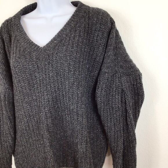 MADEWELL Chunky Knit Puff Sleeve Grey V-Neck Sweater size M - Picture 2 of 6